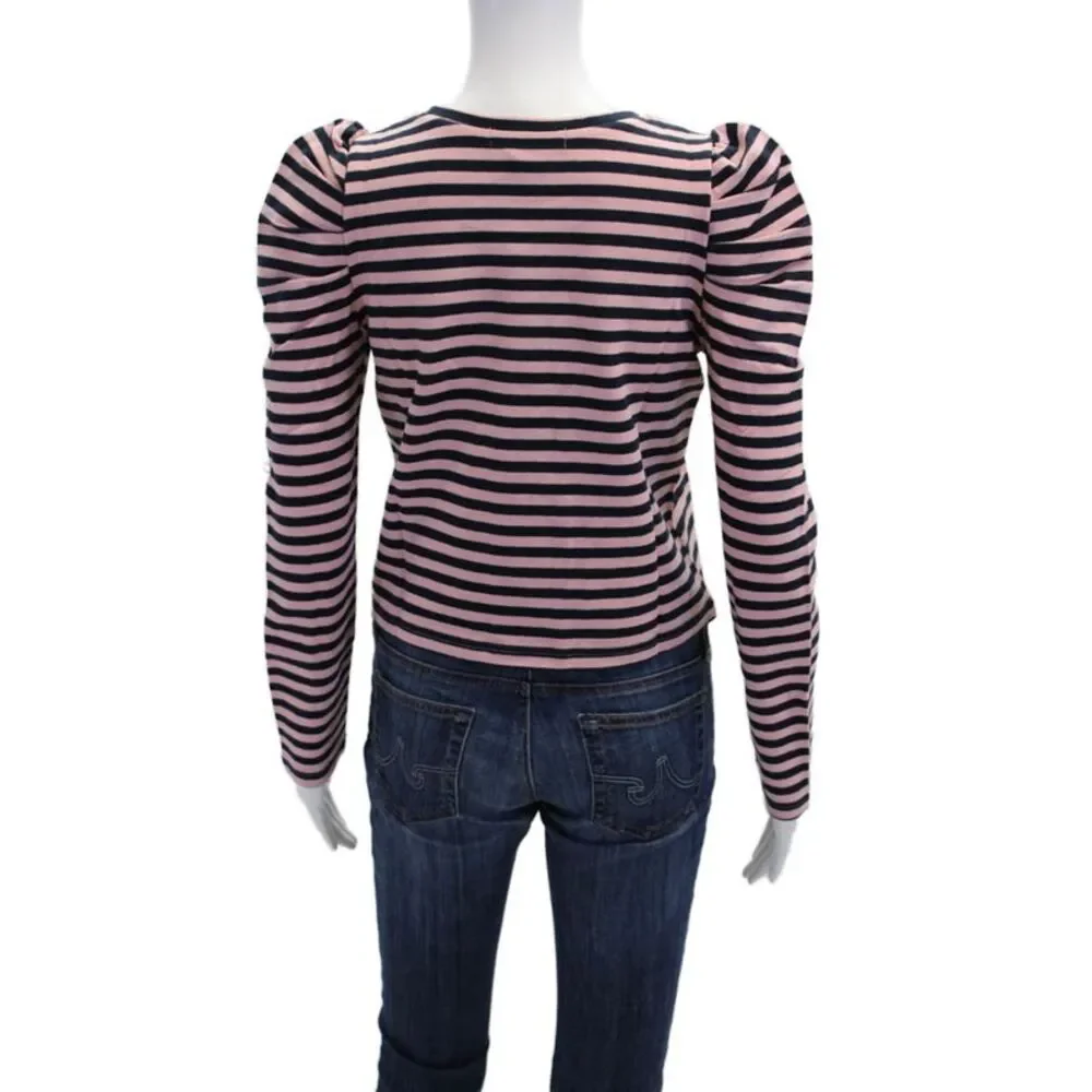 Rebecca Minkoff Womens Scoop Neck Cropped Talia Striped Sweatshirt Navy Pink XS